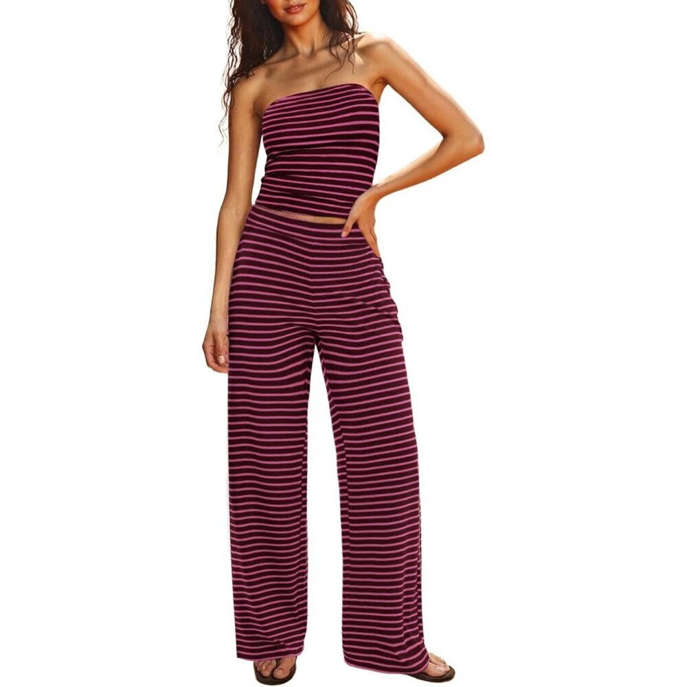 Women’s Summer 2-Piece Sets Striped Tube Top Pants Lounge Beach Travel